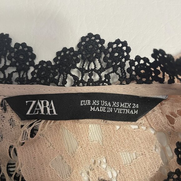 ZARA Lace Sheer Top XS Beige Black Floral High Neck Victorian Romantic Boho Lacy - Picture 2 of 15